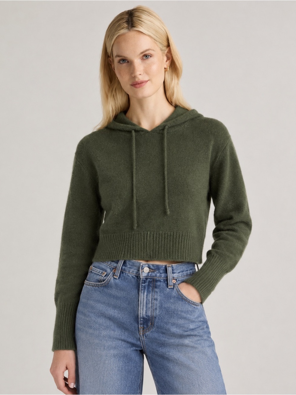 100% Cashmere Cropped Hooded Sweater in Olive Green